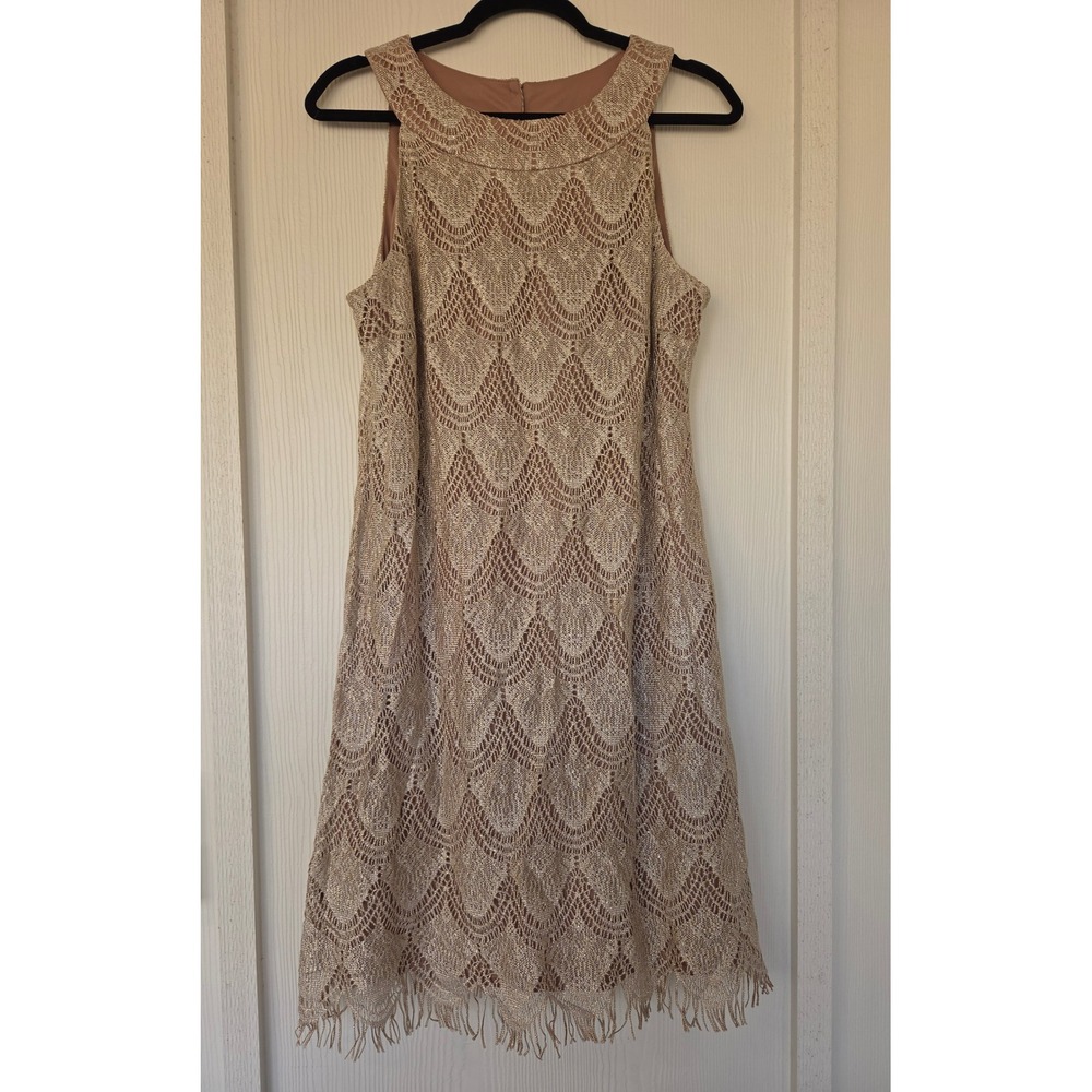SL Fashions Vintage Gold Scallop Lace Fringe Shift Dress 16 Modern M Retro 20s